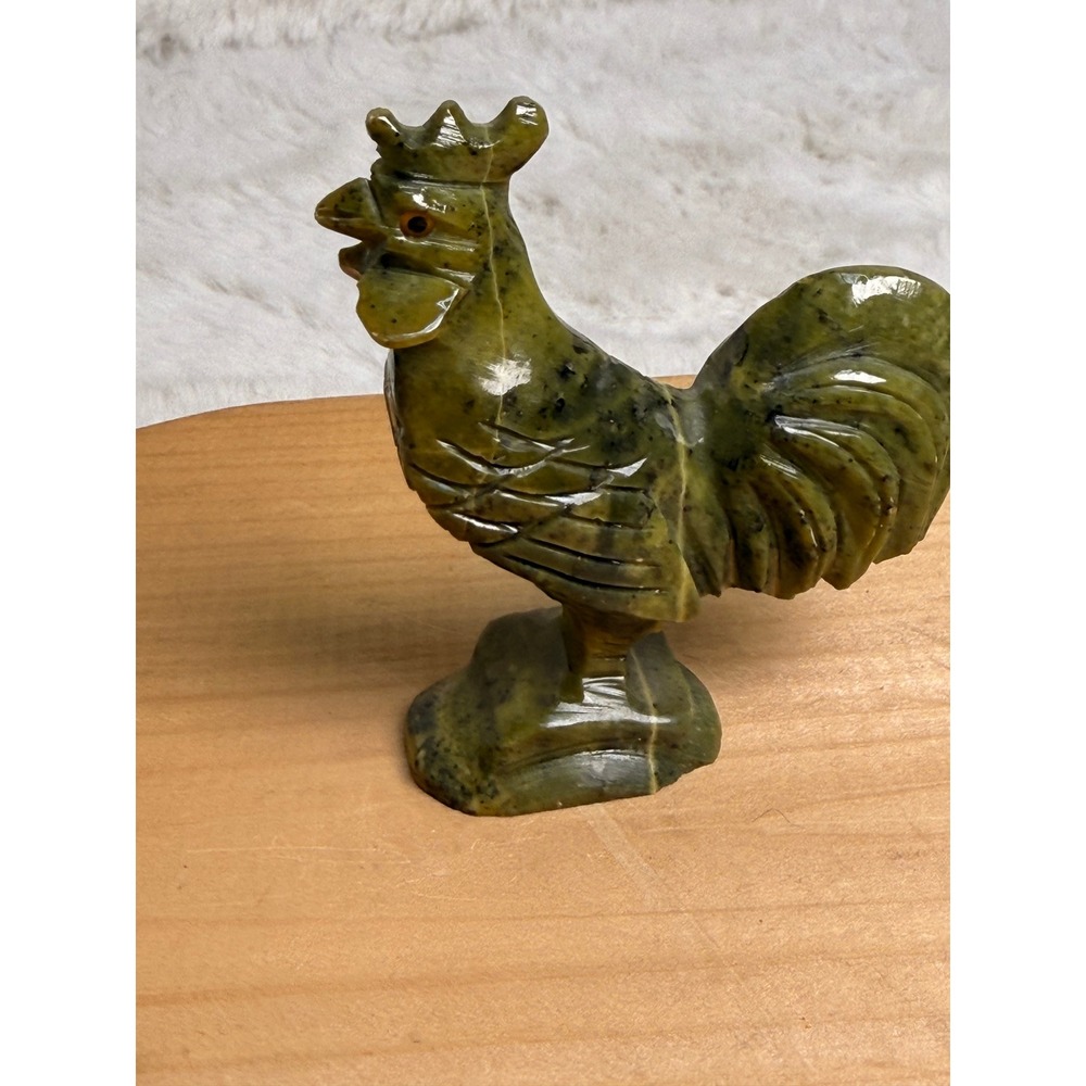 Vintage Hand Carved Green Stone Rooster Figurine Yellow Eyes Farmhouse Decor